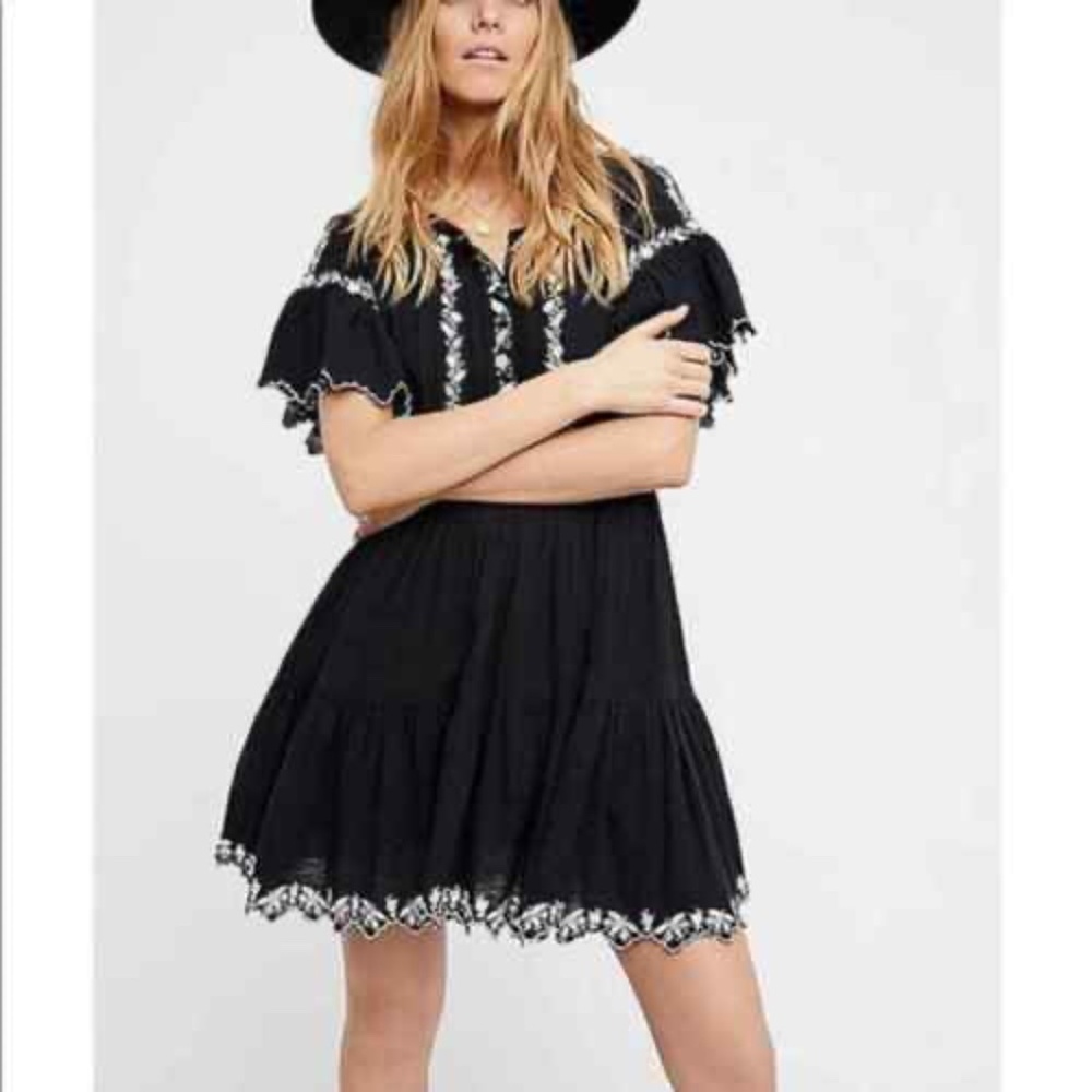 FREE PEOPLE Santiago Embroidered Mini Boho Dress Black S